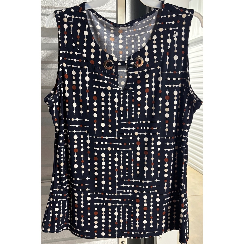 Tommy Hilfiger Navy Geometric Dot Keyhole Grommet Sleeveless Blouse Large